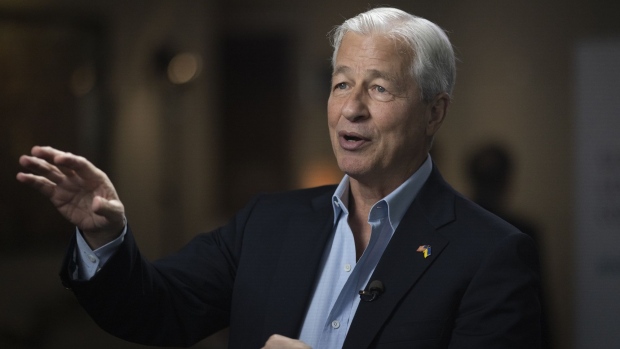 Jamie Dimon, chairman and chief executive officer of JPMorgan Chase & Co., during a Bloomberg Television interview at the JPMorgan Global High Yield and Leveraged Finance Conference in Miami, Florida, US, on Monday, March 6, 2023. Dimon said last month that the US economy was still performing well, with strength in consumer spending and plentiful jobs.