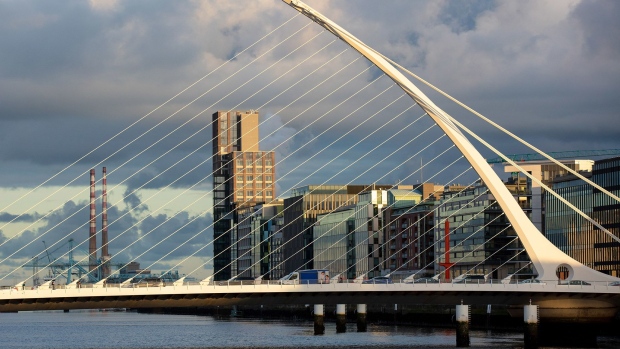The Samuel Beckett Bridge spans the River Liffey in Dublin.