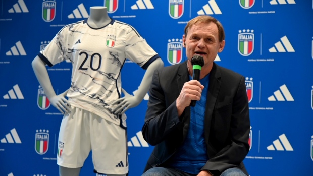 ROME, ITALY - JANUARY 18: adidas CEO Bjorn Gulden talks to media during the unveiling of the partnership between FIGC & adidas at adidas store on January 18, 2023 in Rome, Italy. (Photo by Marco Rosi/Getty Images)