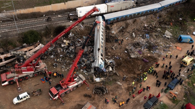The site of the train crash in the Tempe valley, Greece, on March 1. Photographer: Konstantinos Tsakalidis/Bloomberg