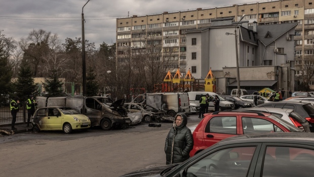 Destroyed vehicles following a Russian missile attack in Kyiv on March 9.