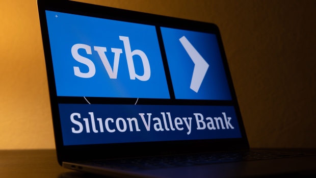 The Silicon Valley Bank logo on a laptop screen arranged in Riga, Latvia, on Friday, March 10, 2023. Panic spread across the startup world as worries about the financial health of Silicon Valley Bank, a major lender to fledgling companies, prompted Peter Thiel’s Founders Fund and other prominent venture capitalists to advise portfolio businesses to withdraw their money, even as the bank’s top executive urged calm.