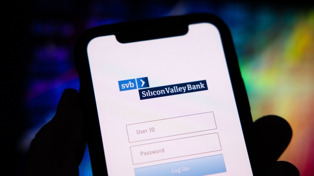 The login page of the Silicon Valley Bank mobile app on a smartphone arranged in Riga, Latvia, on Friday, March 10, 2023. Panic spread across the startup world as worries about the financial health of Silicon Valley Bank, a major lender to fledgling companies, prompted Peter Thiel’s Founders Fund and other prominent venture capitalists to advise portfolio businesses to withdraw their money, even as the bank’s top executive urged calm. Photographer: Andrey Rudakov/Bloomberg