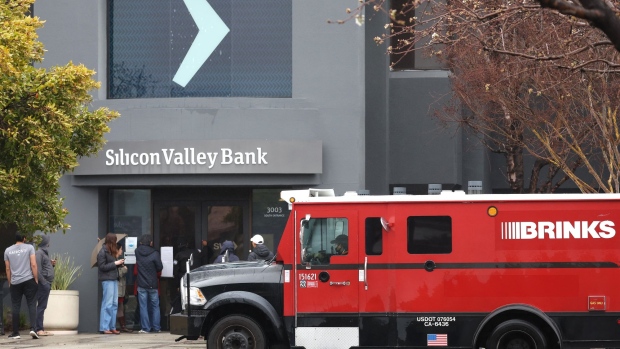 A Brinks armored truck in front of Silicon Valley Bank headquarters on March 10 in Santa Clara, California.