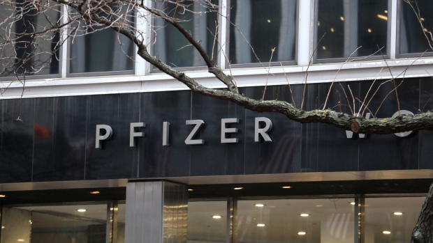 Pfizer headquarters in New York, US, on Wednesday, March 1, 2023. The Wall Street Journal reported that Pfizer is in early-stage talks to acquire the cancer therapy developer, Seagen.