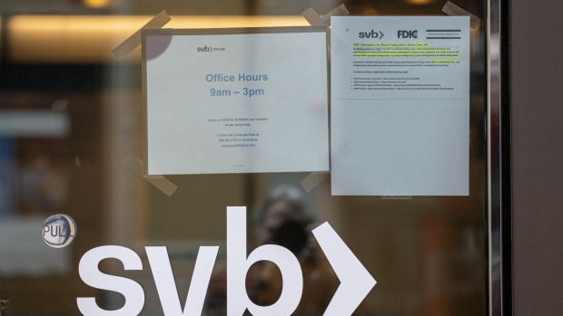 Signage at a Silicon Valley Bank branch in San Francisco, California, US, on Monday, March 13, 2023. The collapse of Silicon Valley Bank has prompted a global reckoning at venture capital and private equity firms, which found themselves suddenly exposed all together to the tech industry's money machine. Photographer: David Paul Morris/Bloomberg