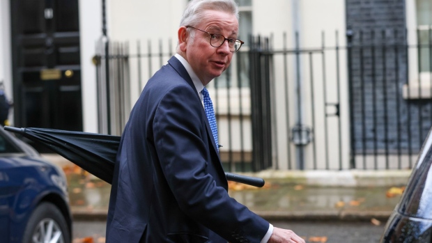 Michael Gove, UK levelling up secretary, departs Downing Street in London, UK, on Wednesday, Nov. 23, 2022. UK Prime Minister Rishi Sunak suffered a blow to his authority as he struggled to quell Conservative rebellions on multiple policy fronts, and his downcast Members of Parliament threatened an exodus from Westminster ahead of the next election.