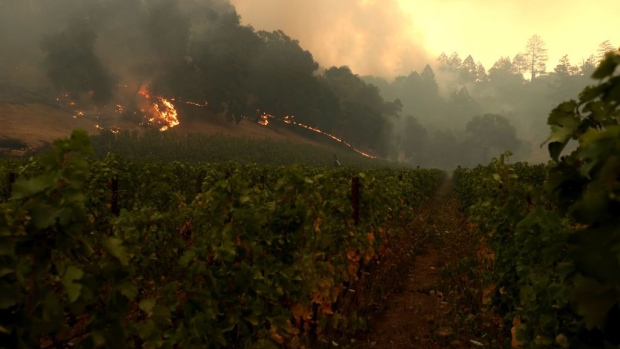 A more expected calamity: the Glass Fire burning on Sept. 26, 2020 in Napa. Photographer: Justin Sullivan/Getty Images North America