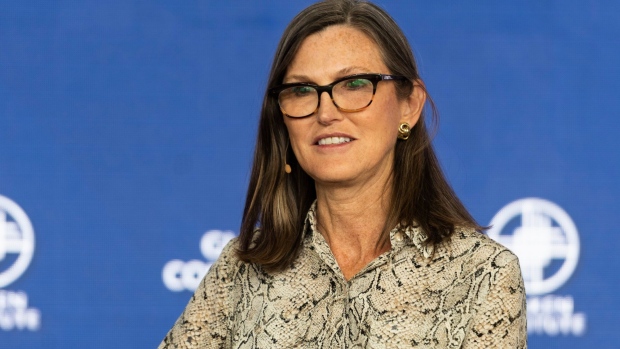 Catherine Wood, chief executive officer of ARK Investment Management LLC, participates in a panel discussion during the Milken Institute Global Conference in Beverly Hills, California, U.S., on Monday, May 2, 2022. The event convenes the best minds in the world to tackle its most urgent challenges and to help realize its most exciting opportunities.