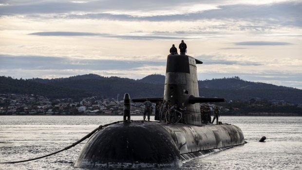 HOBART, AUSTRALIA - APRIL 01: In this handout image provided by the Australian Defence Force, Royal Australian Navy submarine HMAS Sheean arrives for a logistics port visit on April 1, 2021 in Hobart, Australia. Australia, the United States and the United Kingdom have announced a new strategic defence partnership - known as AUKUS - to build a class of nuclear-propelled submarines and work together in the Indo-Pacific region. The new submarines will replace the Royal Australian Navy's existing Collins submarine fleet. (Photo by LSIS Leo Baumgartner/Australian Defence Force via Getty Images) Photographer: Handout/Getty Images AsiaPac