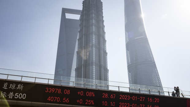 Global market indices displayed on a stock ticker in Pudong's Lujiazui Financial District in Shanghai, China, on Monday, Jan. 30, 2023. China's stocks pulled back from the verge of a bull market, with the muted reopening from a week-long Lunar New Year break indicating that traders are waiting on new catalysts. Photographer: Qilai Shen/Bloomberg