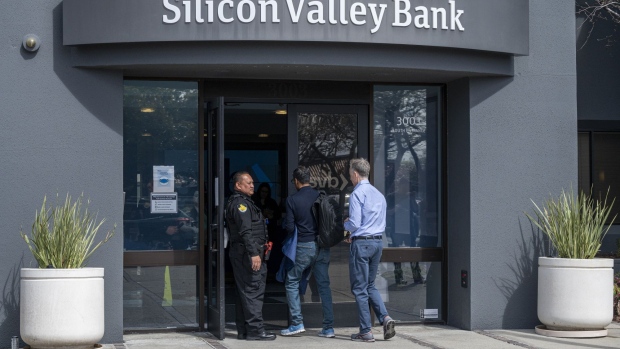 Signage outside the Silicon Valley Bank headquarters in Santa Clara, California, US, on Monday, March 13, 2023. The collapse of Silicon Valley Bank has prompted a global reckoning at venture capital and private equity firms, which found themselves suddenly exposed all together to the tech industry's money machine.
