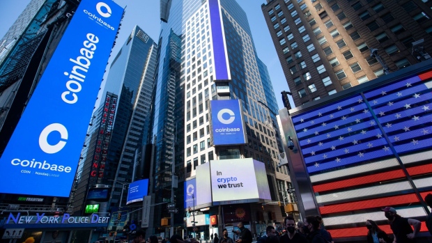 Coinbase signage during the company’s IPO in New York in 2021.