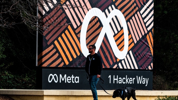 Signage outside Meta headquarters in Menlo Park, California, US, on Thursday, Feb. 2, 2023. Meta Platforms Inc.'s shares soared 19% in early trading after Chief Executive Officer Zuckerberg announced plans to make the social media giant leaner, more efficient and more decisive.
