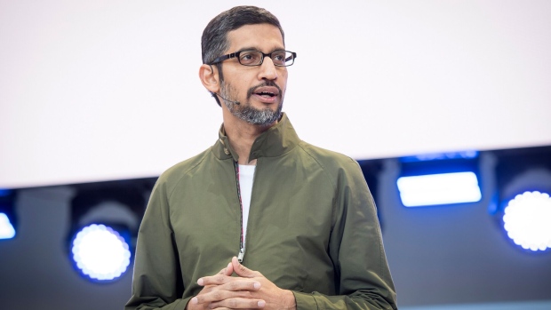 Sundar Pichai, chief executive officer of Google Inc., speaks during the Google I/O Developers Conference in Mountain View, California, U.S., on Tuesday, May 8, 2018. Each year, Google uses the start of its annual conference to set a narrative about how developers and the public should view the company. This time, the message was clear: Google is about technology for good.