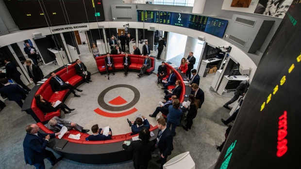 The trading floor of the open outcry pit at the London Metal Exchange in London.