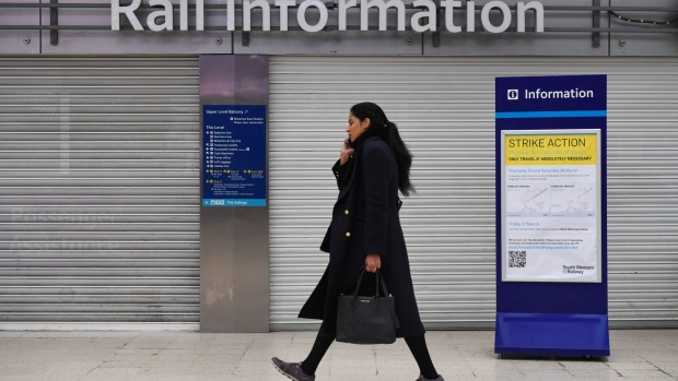 A shuttered rail information point, during a rail workers strike, at London Waterloo railway station in London, UK, on Thursday, March 16, 2023. Services into the capital will be restricted as workers across 18 companies represented by the RMT union walk out over pay dispute. Photographer: Chris J. Ratcliffe/Bloomberg