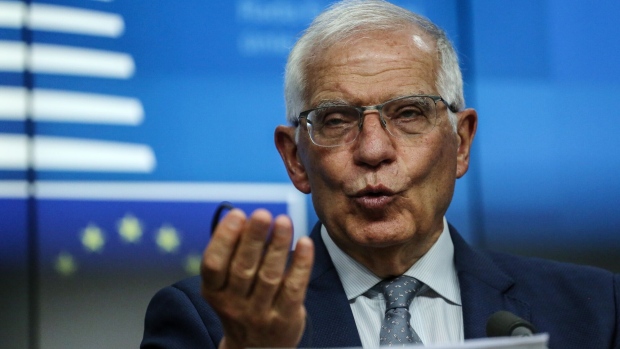 Josep Borrell, vice president of the European Commission, during a news conference following a Foreign Affairs Council and Defense Ministers meeting at the European Union (EU) Council headquarters in Brussels, Belgium, on Tuesday, May 17, 2022. Borrell said ministers had decided to pass the deadlock over a EU proposal to ban imports of Russian crude back to ambassadors for more deliberations. Photographer: Valeria Mongelli/Bloomberg