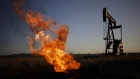 A natural gas flare burns near an oil pump jack at the New Harmony Oil Field in Grayville, Illinois, US, on Sunday, June 19, 2022. Top Biden administration officials are weighing limits on exports of fuel as the White House struggles to contain gasoline prices that have topped $5 per gallon. Photographer: Luke Sharrett/Bloomberg