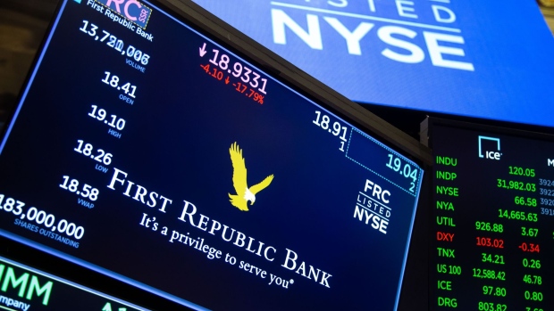 First Republic Bank signage on the floor of the New York Stock Exchange (NYSE) in New York, US, on Monday, March 20, 2023. Stocks rebounded as regulators worldwide rushed to shore up market confidence over the weekend, with the recent financial turmoil spurring speculation on a slower pace of tightening from major central banks. Photographer: Michael Nagle/Bloomberg