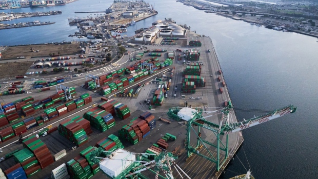 The Port of Los Angeles in Los Angeles, California, U.S., on Tuesday, Nov. 16, 2021. The historic traffic jam at the Port of Los Angeles has eased slightly as ocean carriers face fines for letting cargo linger and "sweeper ships" arrive to haul off empty containers.