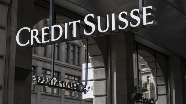 A Credit Suisse Group AG logo at a bank branch in Zurich, Switzerland, on Sunday, March 19, 2023. Swiss authorities plan to change the country’s laws to bypass a shareholder vote on the transaction as they rush to finalize a deal before Monday. Photographer: Pascal Mora/Bloomberg