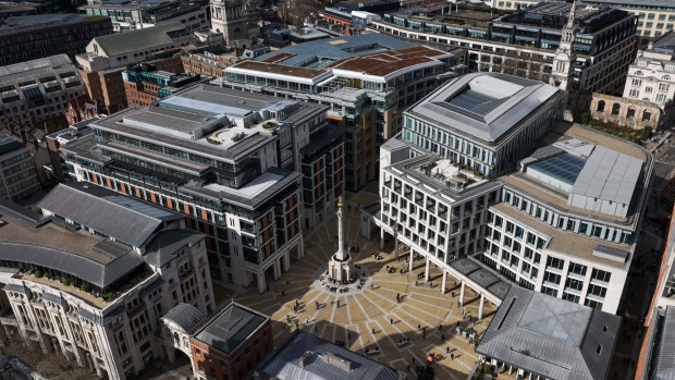 The offices of London Stock Exchange Group Plc, right, in Paternoster Square in the City of London, UK, on Tuesday, March 14, 2023. European stocks rose, snapping three days of losses, as US inflation cooled as expected last month and concern eased over wider market repercussions from Silicon Valley Bank's collapse.