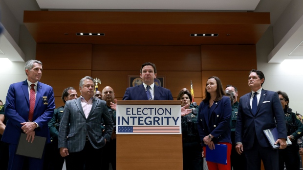 Ron DeSantis holds a press conference with Florida's Office of Election Crimes and Security in August, 2022. Photographer: Joe Raedle/Getty Images