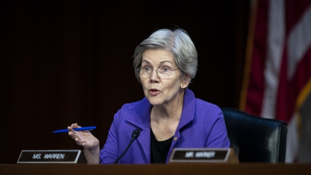 Senator Elizabeth Warren, a Democrat from Massachusetts, speaks during a Senate Banking, Housing, and Urban Affairs Committee hearing in Washington, DC, US, on Tuesday, March 7, 2023. The Federal Reserve chair is expected to echo fellow central bankers in suggesting interest rates will go higher than policymakers anticipated just weeks ago if economic data continue to come in hot.