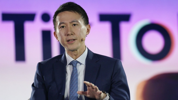 Shou Zi Chew, chief executive officer of TikTok Inc., speaks during the Bloomberg New Economy Forum in Singapore, on Wednesday, Nov. 16, 2022. The New Economy Forum is being organized by Bloomberg Media Group, a division of Bloomberg LP, the parent company of Bloomberg News.