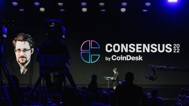 Edward Snowden, president of Freedom of Press, speaks virtually during the CoinDesk 2022 Consensus Festival in Austin.