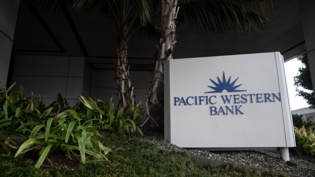 A Pacific Western Bank branch in Los Angeles, California, US, on Friday, March 10, 2023. First Republic Bank and PacWest Bancorp both plunged Friday as the upheaval at SVB Financial Group spread to other lenders.