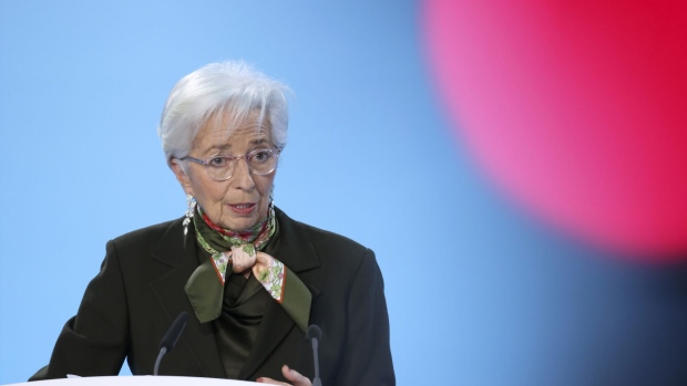 Christine Lagarde, president of the European Central Bank (ECB), at a news conference in Frankfurt, Germany, on Thursday, Feb. 2, 2022. The ECB lifted interest rates by a half-point and pledged another such move before officials then take stock of where borrowing costs must go to tame inflation.