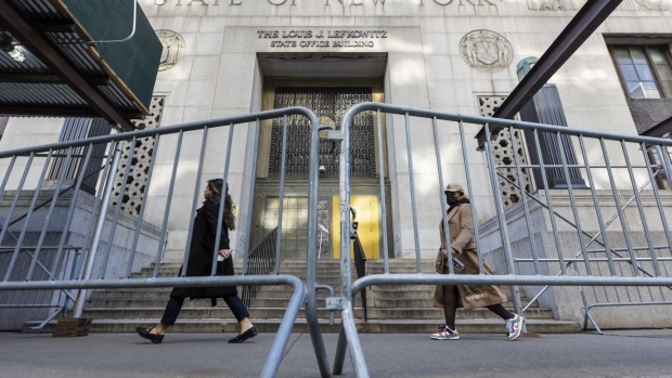 Security fences outside the office of Manhattan District Attorney Alvin Bragg in New York, US, on Tuesday, March 21, 2023. Donald Trump says he expects hell soon be charged in New York with making hush-money payments to a porn star.