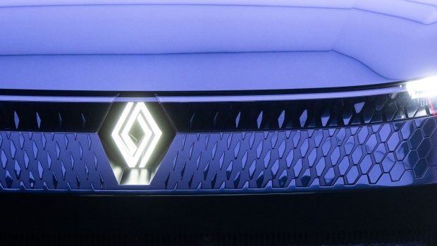 The badge of Renault SA on the front grille of a Scenic Vision hybrid concept vehicle at the ChangeNow summit in Paris, France, on Friday, May 20, 2022. 