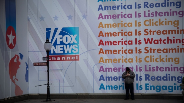 An advertisement for Fox News outside the News Corp. building in New York, US, on Thursday, March 9, 2023. A slew of Fox News personalities and executives were aware the 2020 election conspiracy theory touted by former President Donald Trump and his allies was bogus even as the network broadcast the claims over and over in the weeks that followed, court records show.