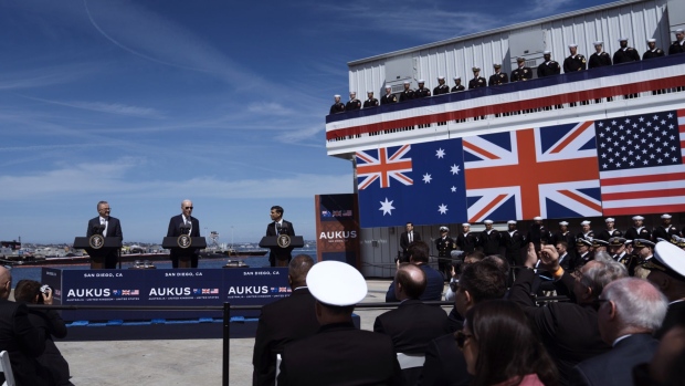 Anthony Albanese, Australia's prime minister, from left, US President Joe Biden, and Rishi Sunak, UK prime minister, in San Diego, California, US, on Monday, March 13, 2023. The prime ministers of the UK and Australia are meeting Biden today as the three nations unveil the next phase of the AUKUS nuclear submarine program, a security partnership meant to counter China.