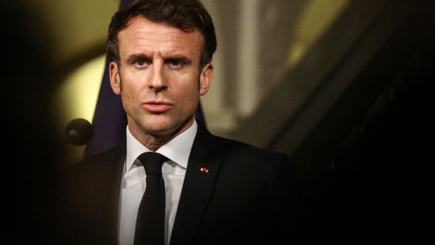 Emmanuel Macron, France's president, during a news conference following a meeting at the Binnenhof in The Hague, Netherlands, on Monday, January 30, 2023. France's president next major test comes Tuesday, when unions are betting a further shift in opinion in their favor will rally even more support for a second day of protests.