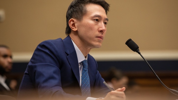 Shou Chew, chief executive officer of TikTok Inc., during a House Energy and Commerce Committee hearing in Washington, DC, US, on Thursday, March 23, 2023. TikTok's chief executive officer faced pointed questions about the app's relationship with its Chinese parent company in his debut appearance before Congress, where combative lawmakers made it clear they don't accept his promise to keep users and their data safe. Photographer: Anna Rose Layden/Bloomberg