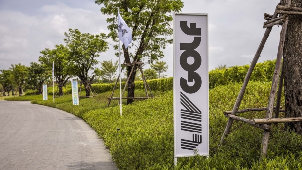 A sign of LIV Golf at the Stonehill Golf Course in Pathum Thani, Thailand, on Thursday, Sept. 22, 2022. Thailand’s newly opened Stonehill is a pet project of Sarath Ratanavadi, the country’s second-richest man. Photographer: Andre Malerba/Bloomberg