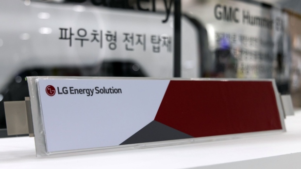 An LG Energy Solution battery cell for electric vehicle. Photographer: SeongJoon Cho/Bloomberg