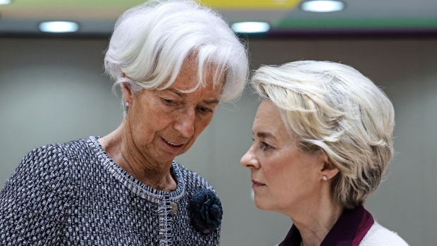 Christine Lagarde, left, and Ursula von der Leyen in Brussels, on March 24. Photographer: Valeria Mongelli/Bloomberg