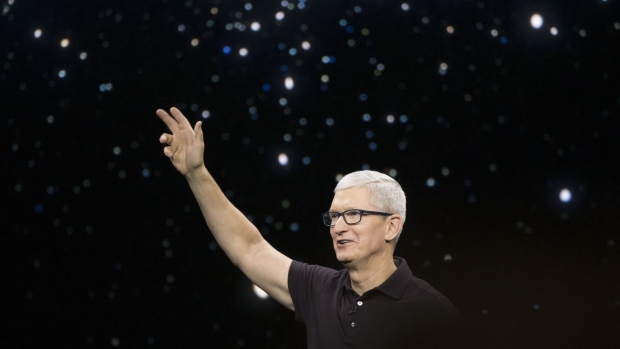 Tim Cook, chief executive officer of Apple Inc., speaks during an event at Apple Park campus in Cupertino, California, US, on Wednesday, Sept. 7, 2022. At a presentation dubbed “Far Out,” Apple is set to unveil the iPhone 14 line, a fresh slate of smartwatches and new AirPods.