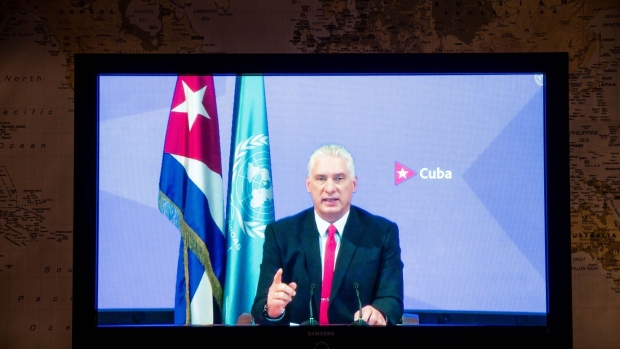 Miguel Diaz-Canel, Cuba’s president, speaks during the United Nations General Assembly via live stream in New York, U.S., on Thursday, Sept. 23, 2021.