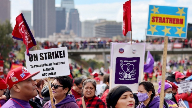 Los Angeles Unified School District (LAUSD) workers and supporters rally in Los Angeles on march 23.
