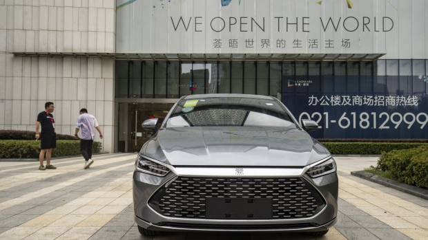 A BYD Co. Qin electric vehicle outside one of the company's showroom in Shanghai. Photographer: Qilai Shen/Bloomberg