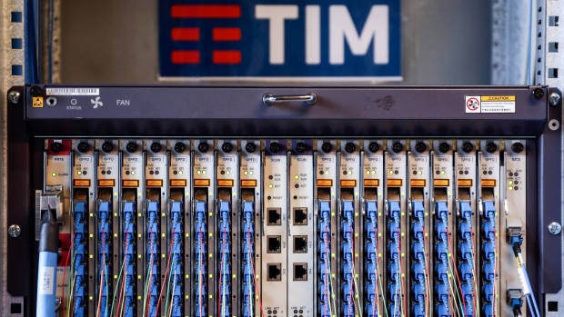 Fiber optic cables in an optical line termination in a Telecom Italia SpA telephone exchange in Rome, Italy, on Monday, May 17, 2021. Photographer: Alessia Pierdomenico/Bloomberg