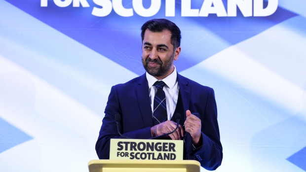 Humza Yousaf, speaks after being announced as the new leader of the Scottish National Party (SNP) at Murrayfield stadium in Edinburgh, UK, on Monday, March 27, 2023. Yousaf won the contest to replace Nicola Sturgeon as head of the pro-independence Scottish National Party after a fractious battle that laid bare the scale of the challenge to unite the party and country.
