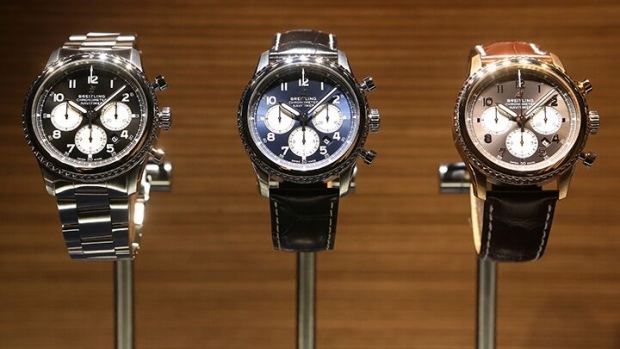 BASEL, SWITZERLAND - MARCH 21: Breitling Navitimer watces are seen on display on the opening day of the 2019 Baselworld luxury watch and jewelry fair on March 21, 2019 in Basel, Switzerland. The Baselworld trade show runs from March 21-26. (Photo by Adam Berry/Getty Images)