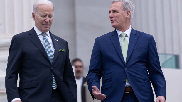 US President Joe Biden, left, and US House Speaker Kevin McCarthy, a Republican from California, exit the US Capitol following the annual Friends of Ireland luncheon with and Leo Varadkar, Ireland’s prime minister, not pictured, in Washington, DC, US, on Friday, March 17, 2023.